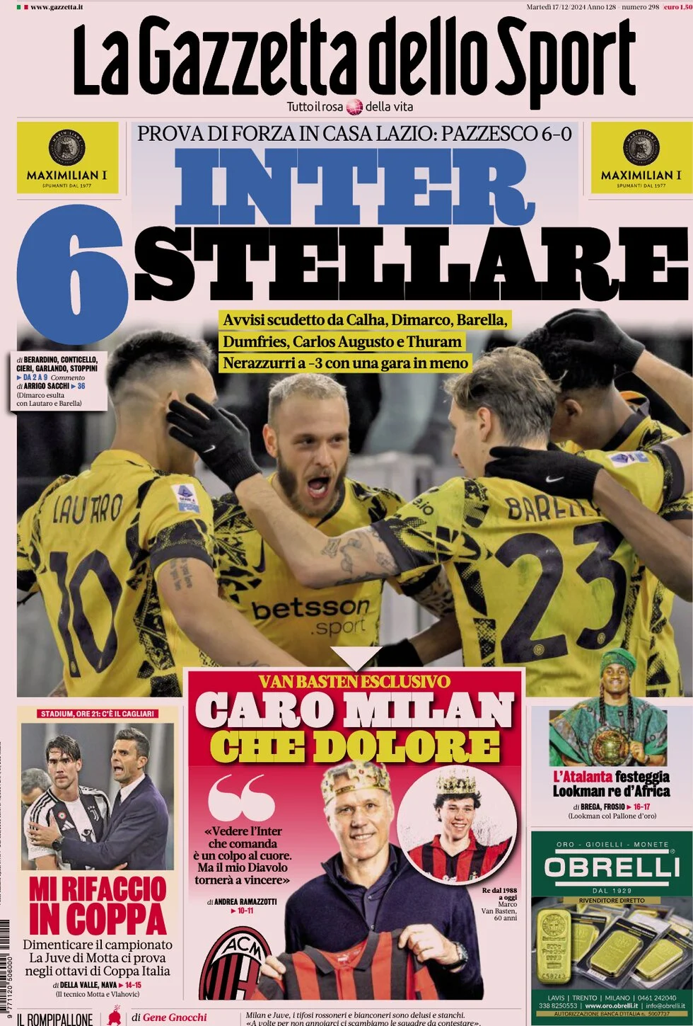 anteprima della prima pagina di la-gazzetta-dello-sport del 17/12/2024