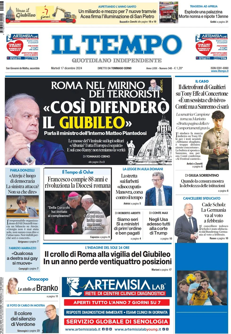 anteprima della prima pagina di il-tempo del 17/12/2024