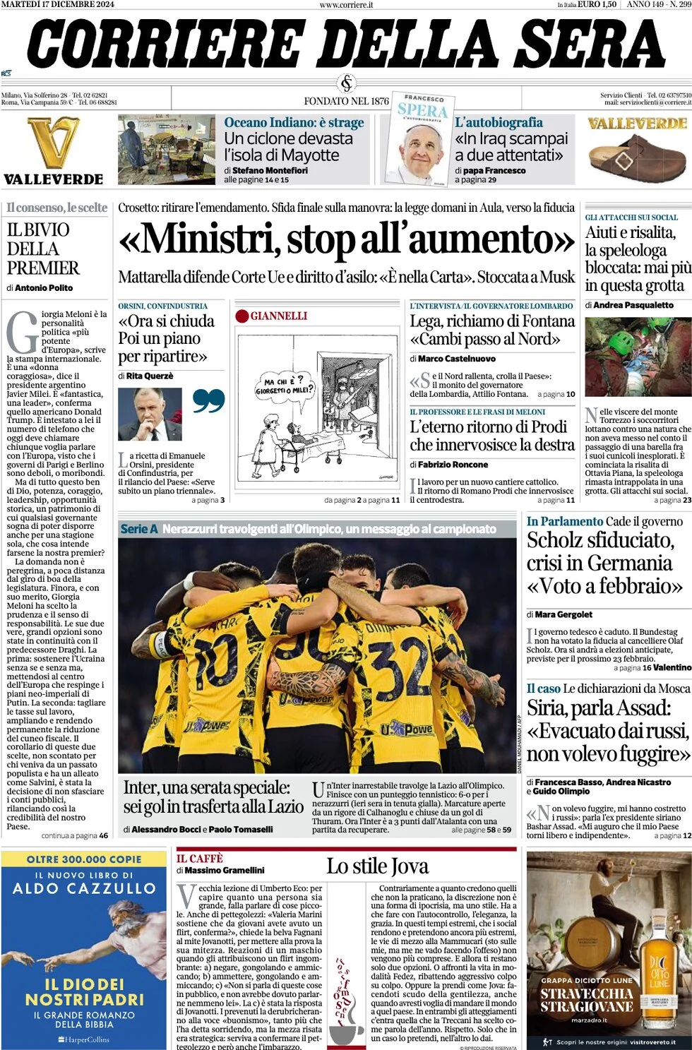 anteprima della prima pagina di corriere-della-sera del 17/12/2024