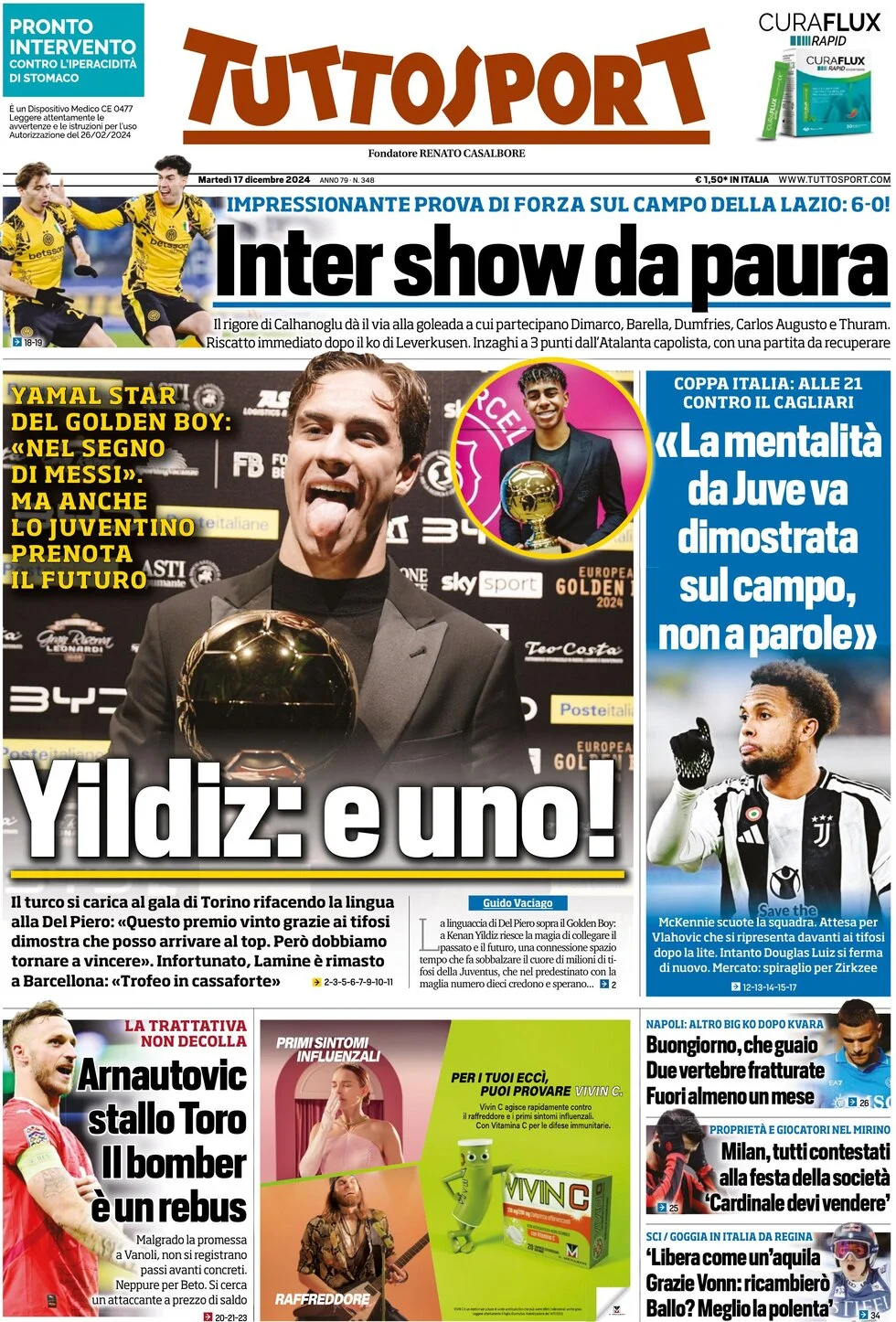 anteprima della prima pagina di tuttosport del 17/12/2024