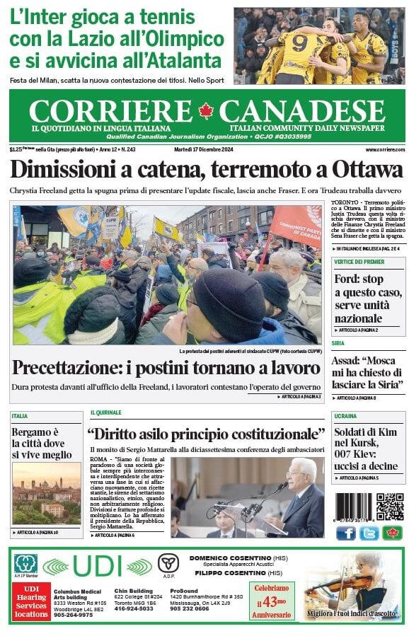 anteprima della prima pagina di corriere-canadese del 17/12/2024