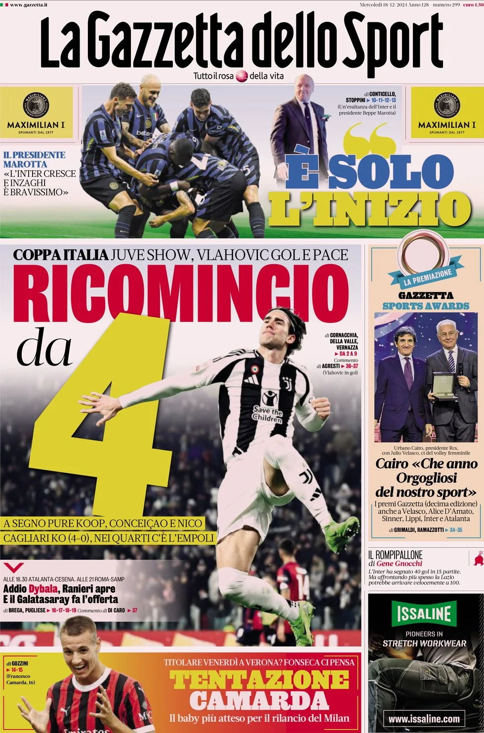 anteprima della prima pagina di la-gazzetta-dello-sport del 18/12/2024