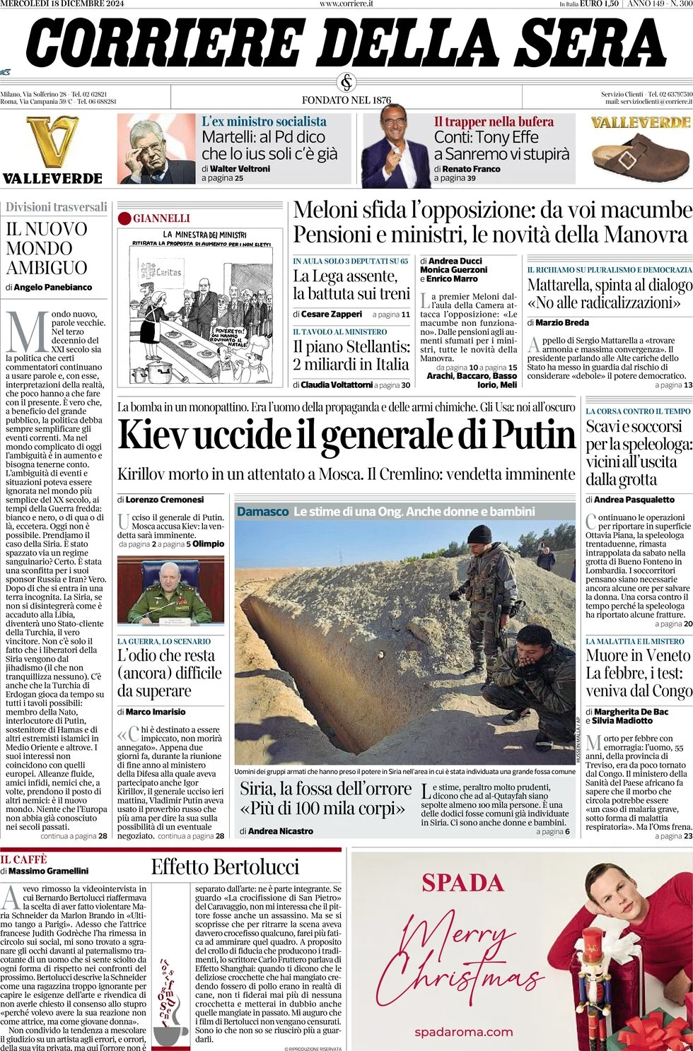anteprima della prima pagina di corriere-della-sera del 18/12/2024