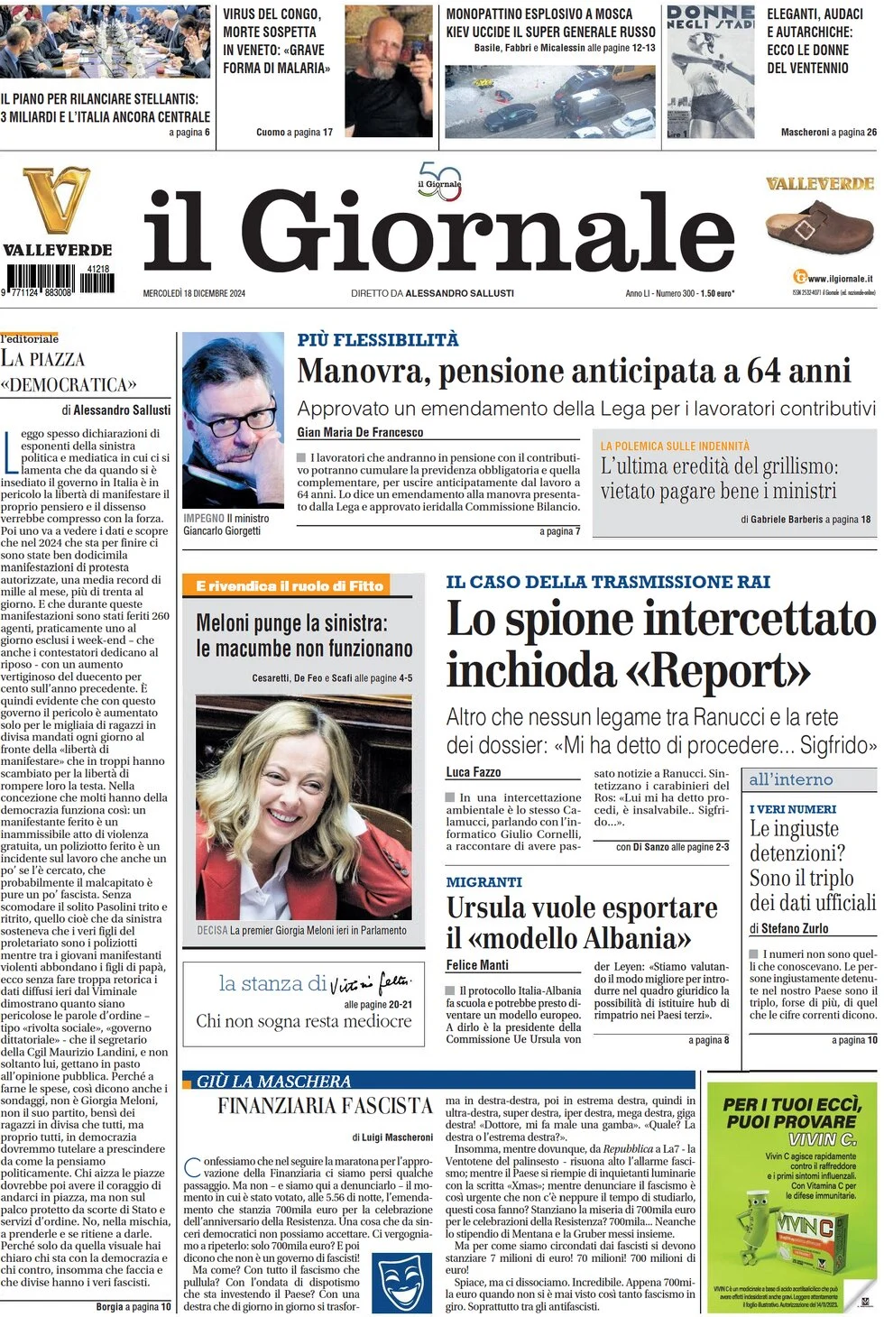 anteprima della prima pagina di il-giornale del 18/12/2024