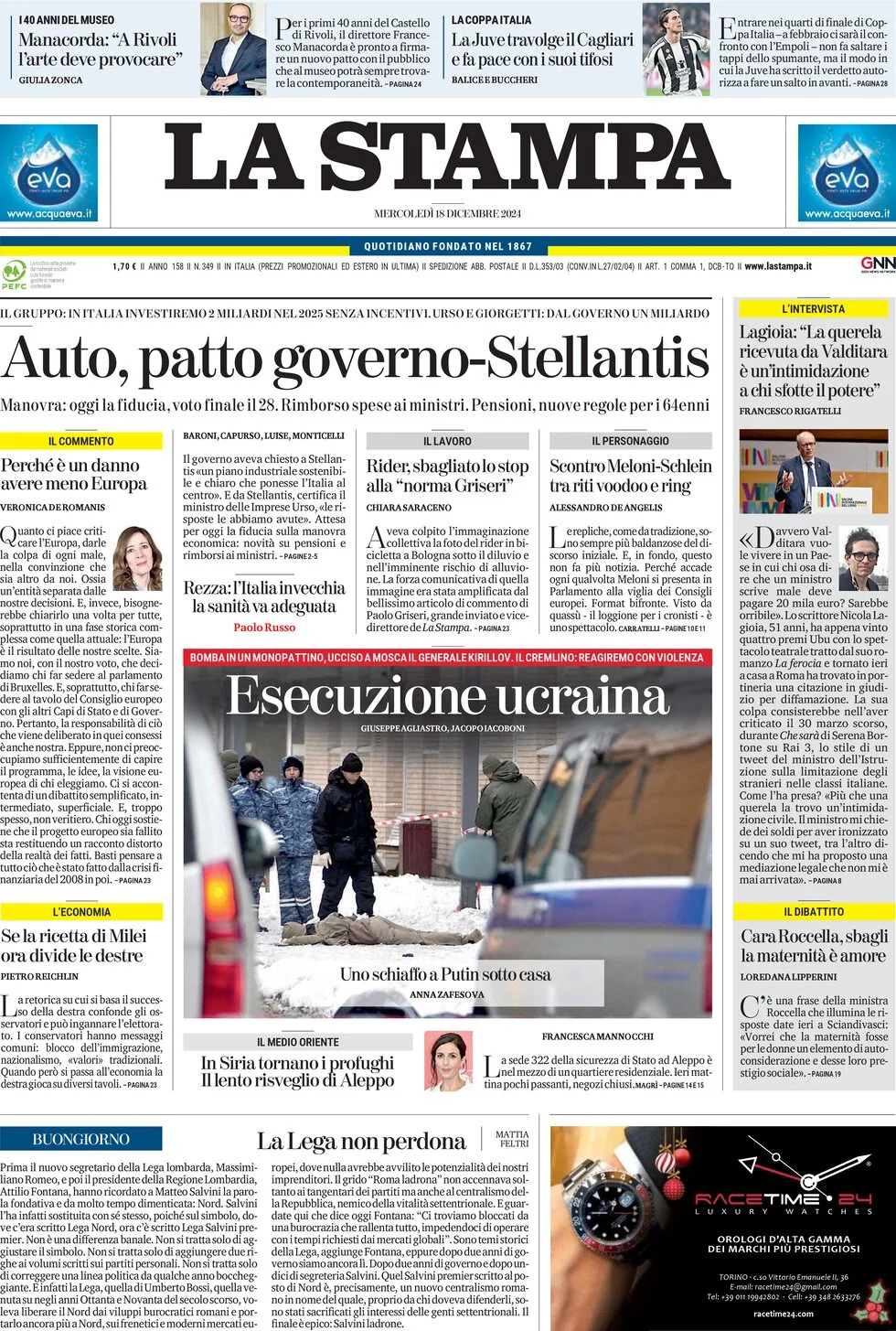 anteprima della prima pagina di la-stampa del 18/12/2024