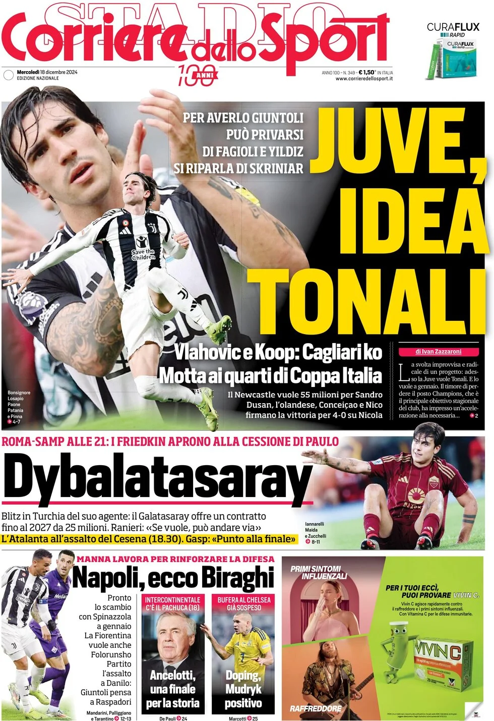 anteprima della prima pagina di corriere-dello-sport del 18/12/2024
