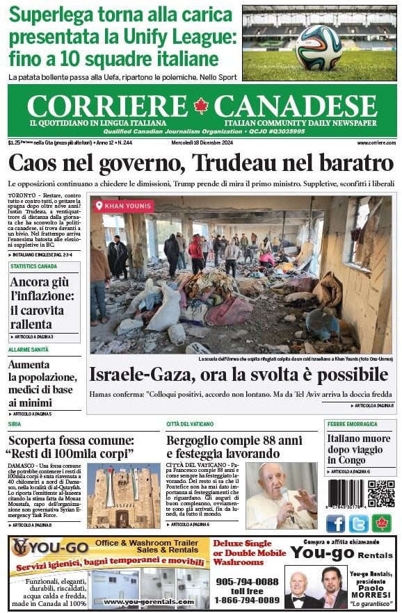 anteprima della prima pagina di corriere-canadese del 18/12/2024