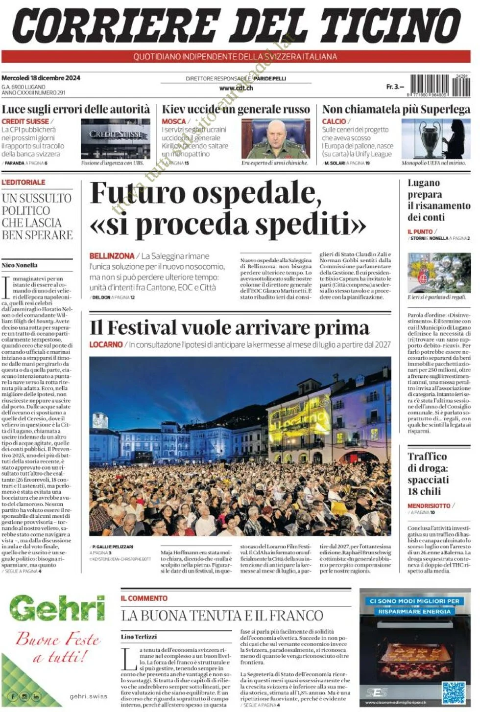 anteprima della prima pagina di corriere-del-ticino del 18/12/2024