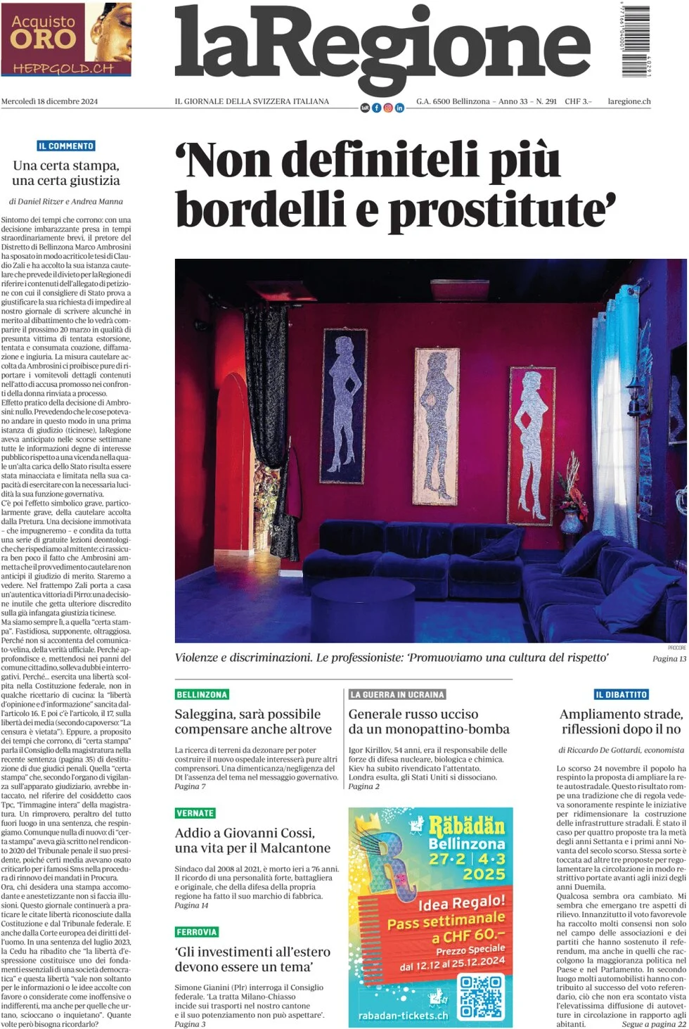 anteprima della prima pagina di la-regione del 18/12/2024