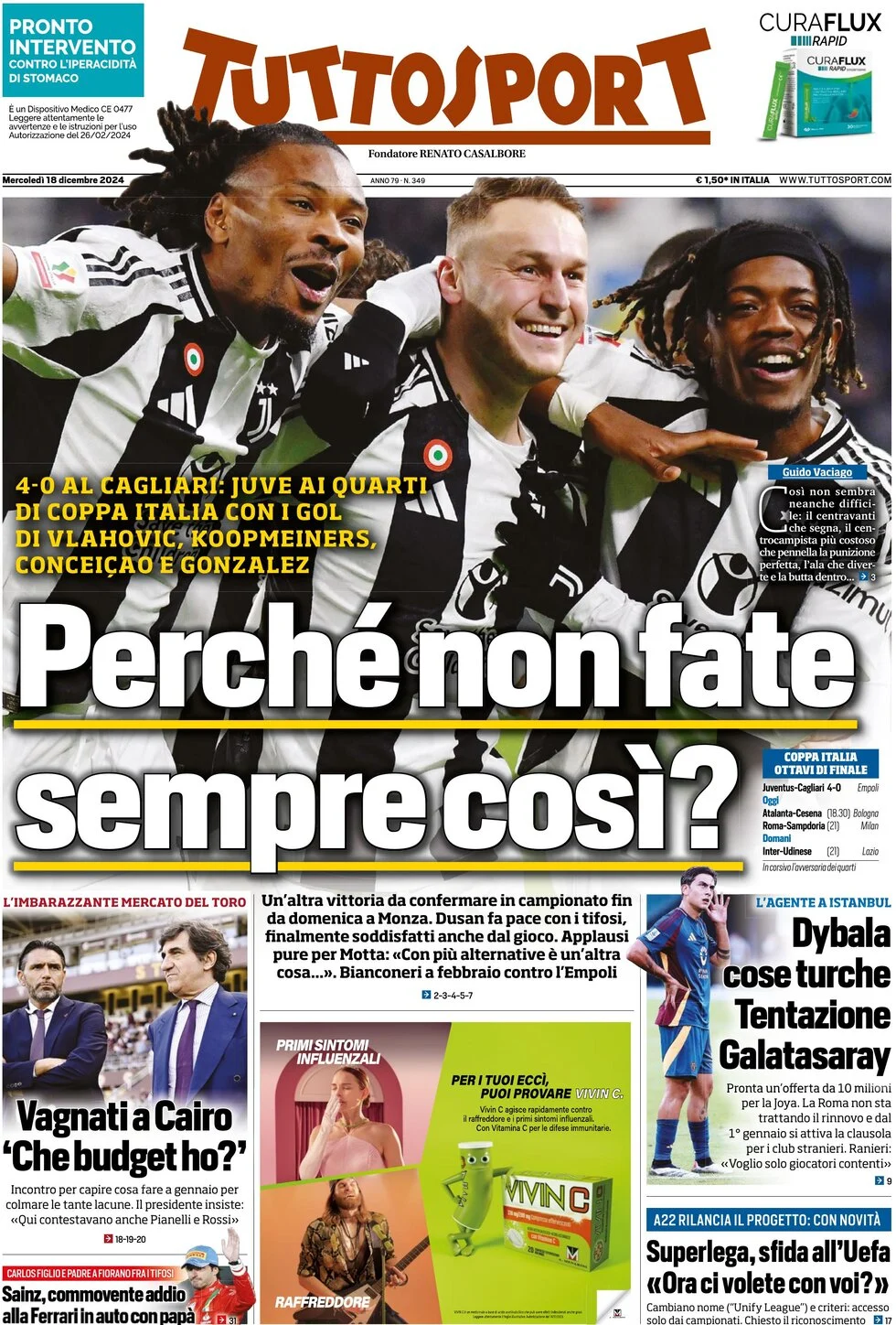 anteprima della prima pagina di tuttosport del 18/12/2024