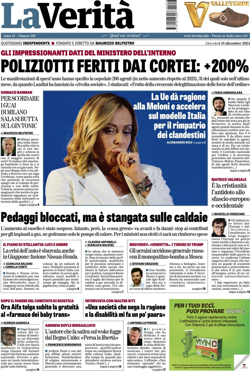 anteprima della prima pagina di la-verit del 18/12/2024