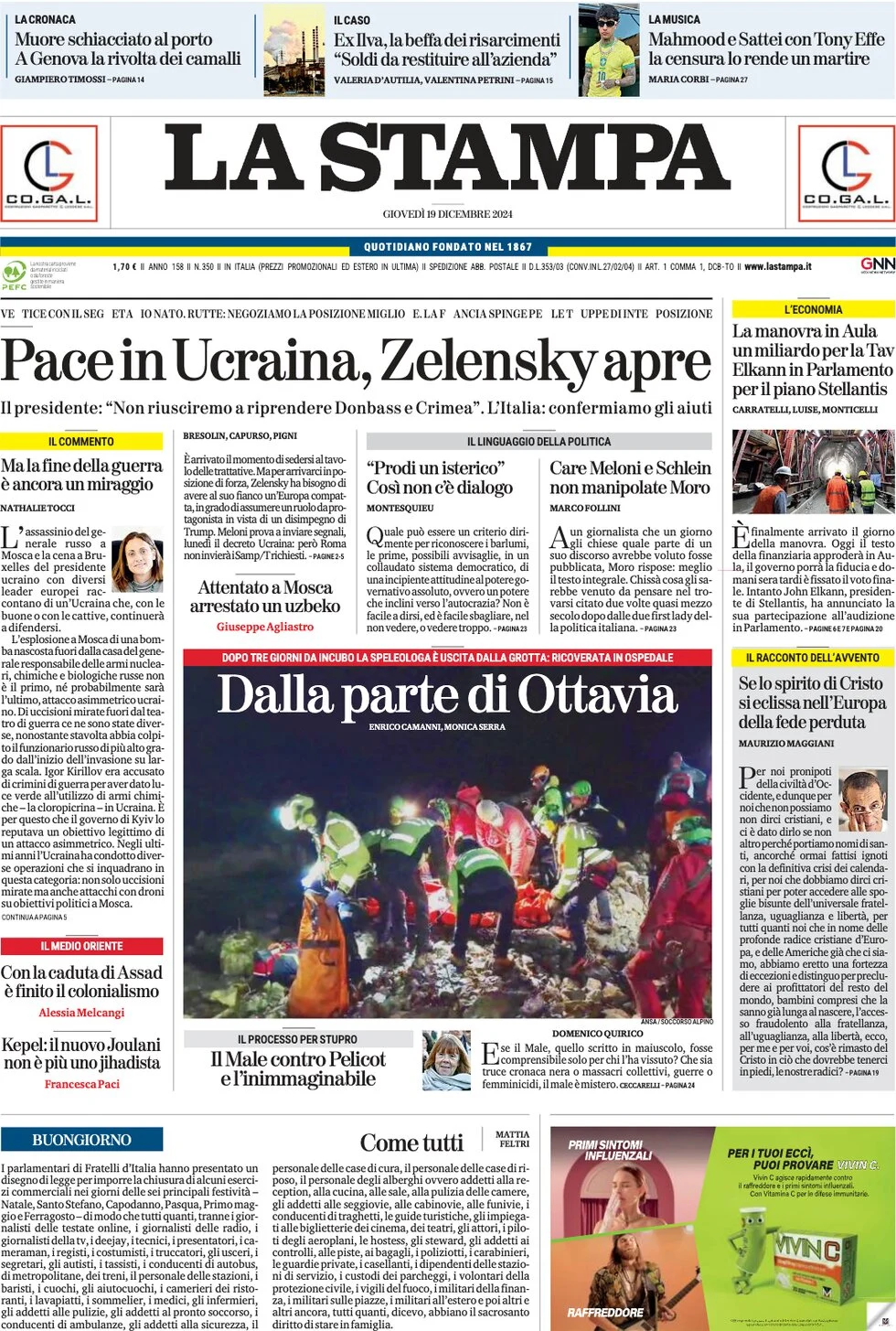 anteprima della prima pagina di la-stampa del 19/12/2024