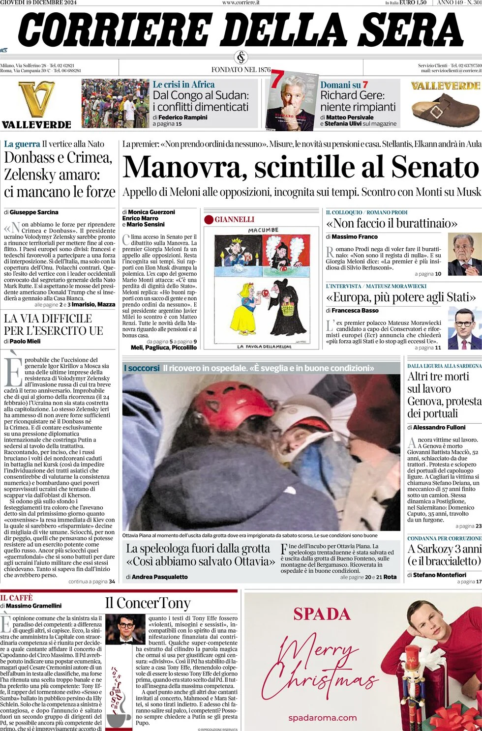 anteprima della prima pagina di corriere-della-sera del 19/12/2024