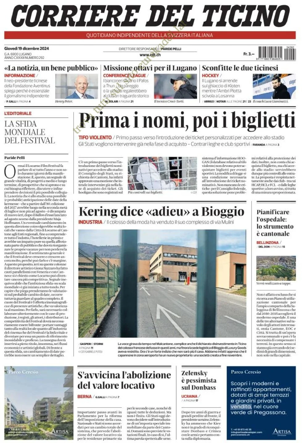 anteprima della prima pagina di corriere-del-ticino del 19/12/2024