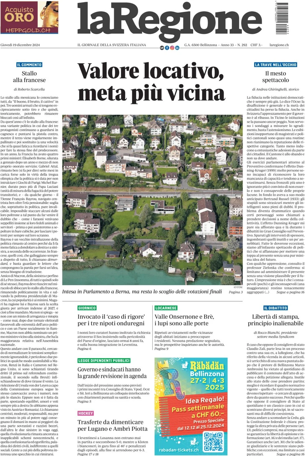 anteprima della prima pagina di la-regione del 19/12/2024