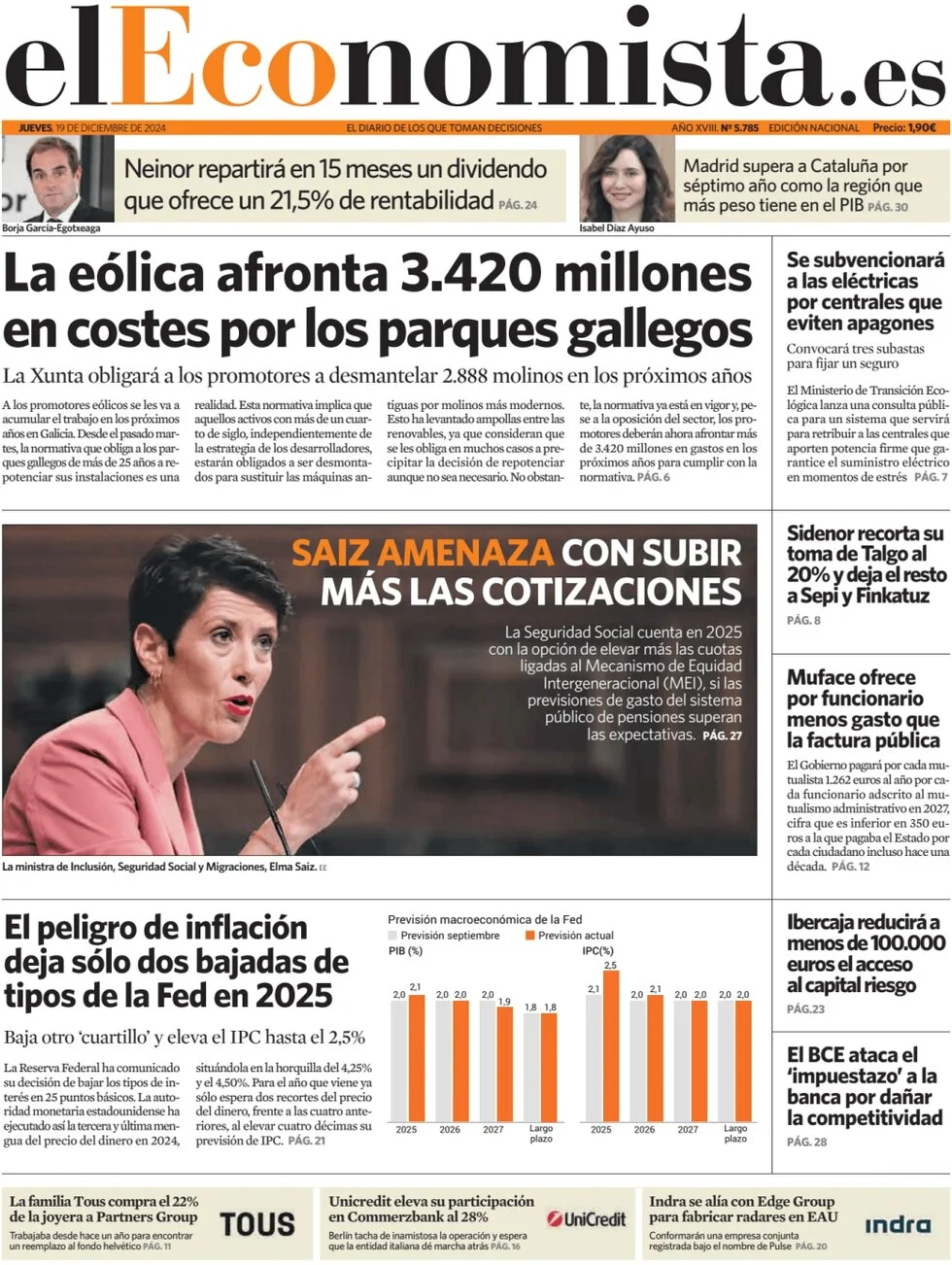 anteprima della prima pagina di el-economista del 19/12/2024