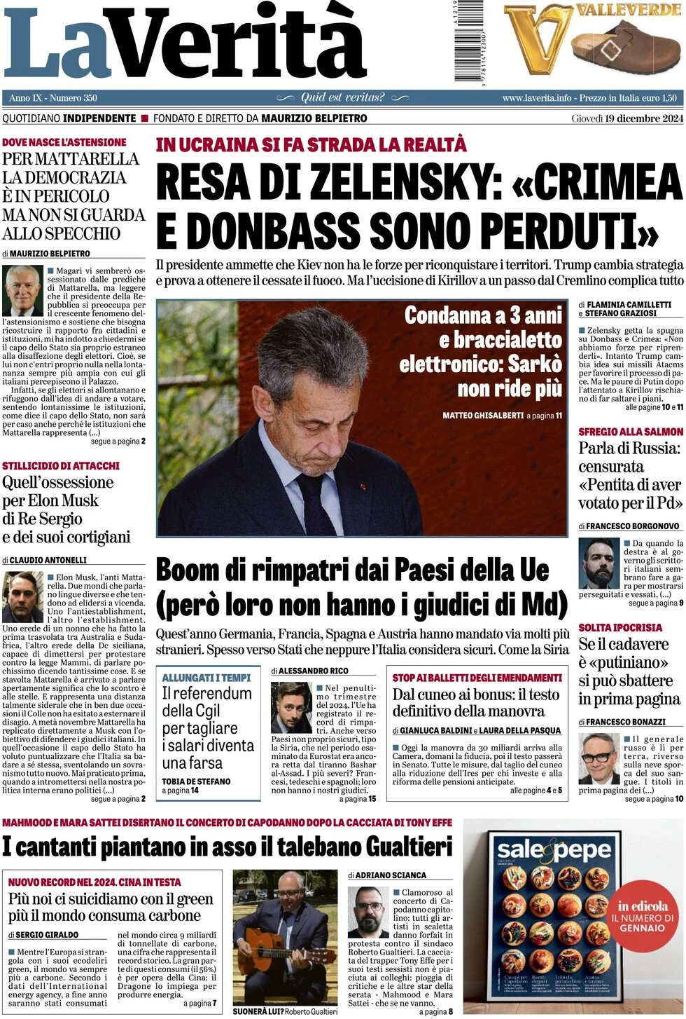 anteprima della prima pagina di la-verit del 19/12/2024