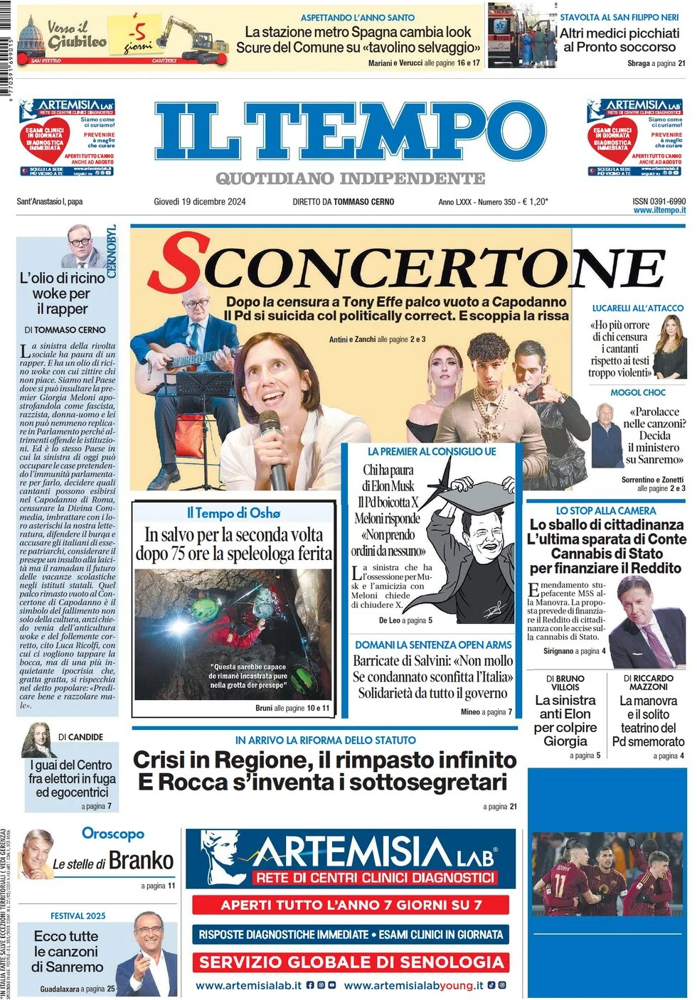 anteprima della prima pagina di il-tempo del 19/12/2024