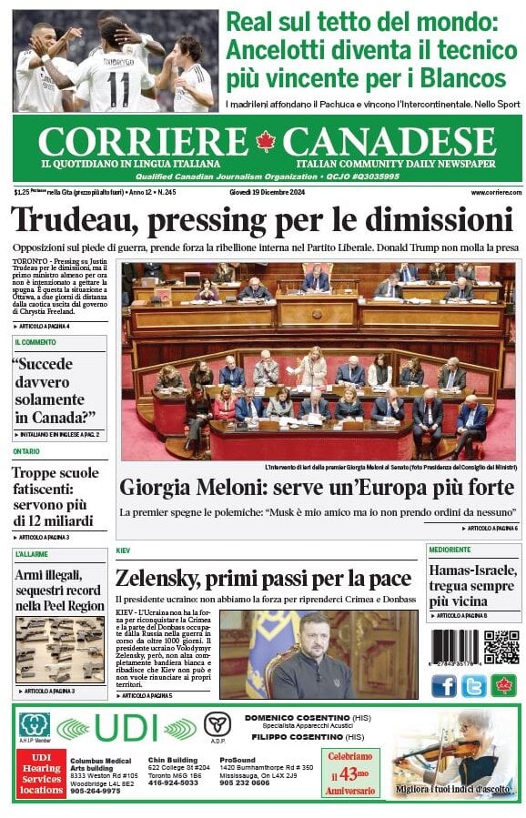 anteprima della prima pagina di corriere-canadese del 19/12/2024