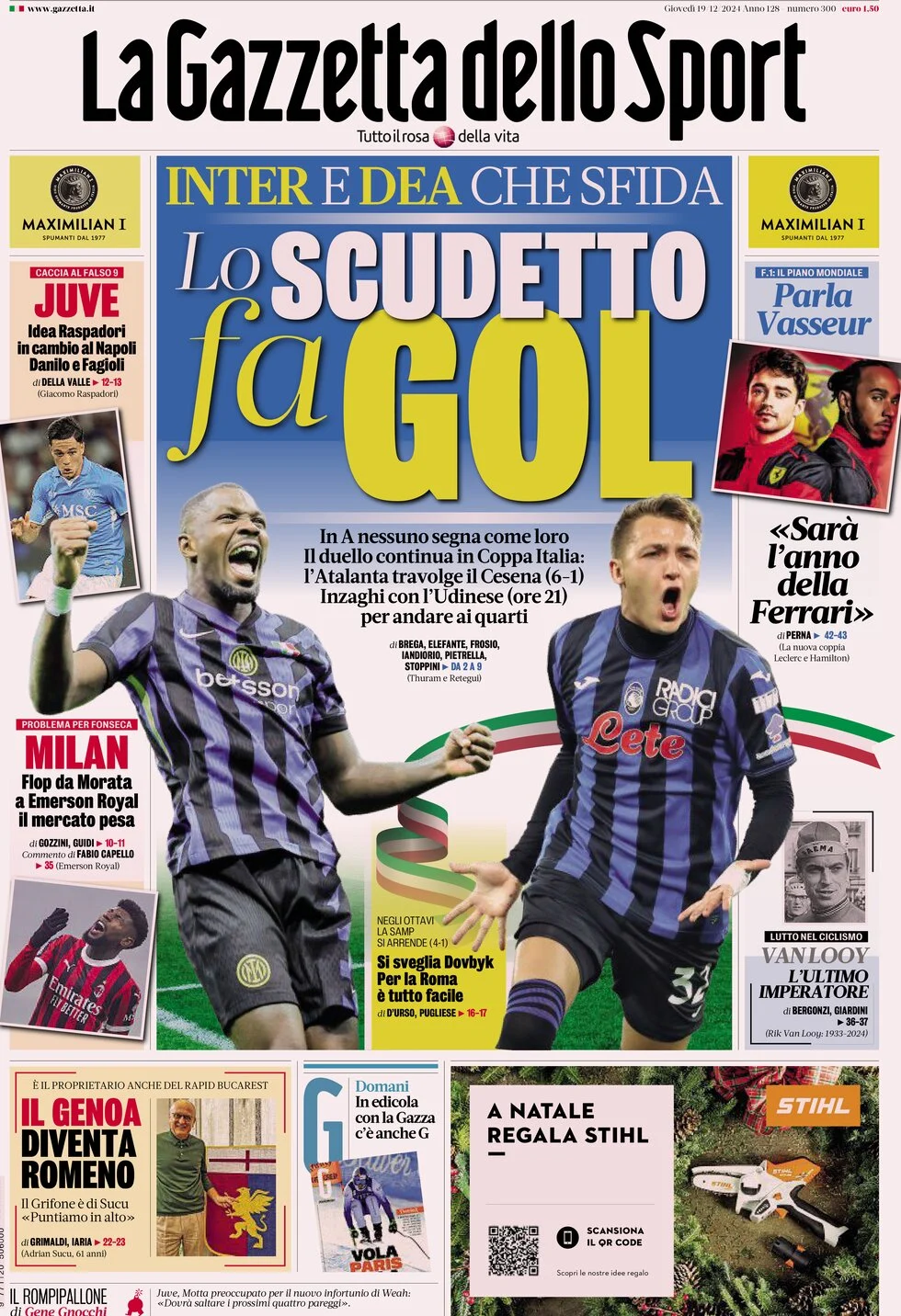 anteprima della prima pagina di la-gazzetta-dello-sport del 19/12/2024
