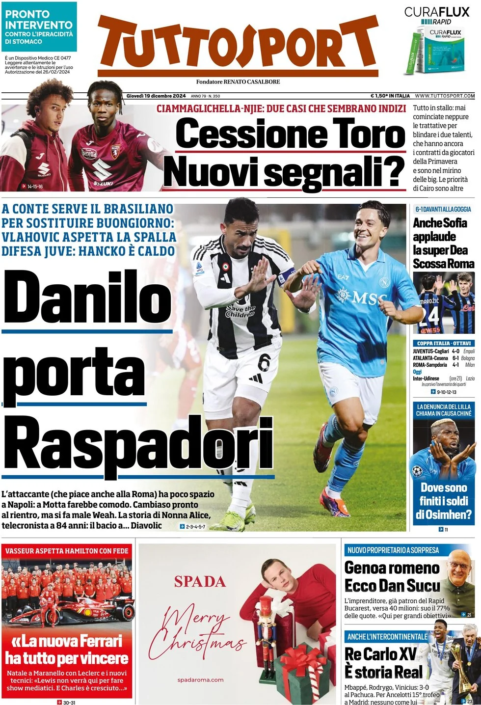 anteprima della prima pagina di tuttosport del 19/12/2024