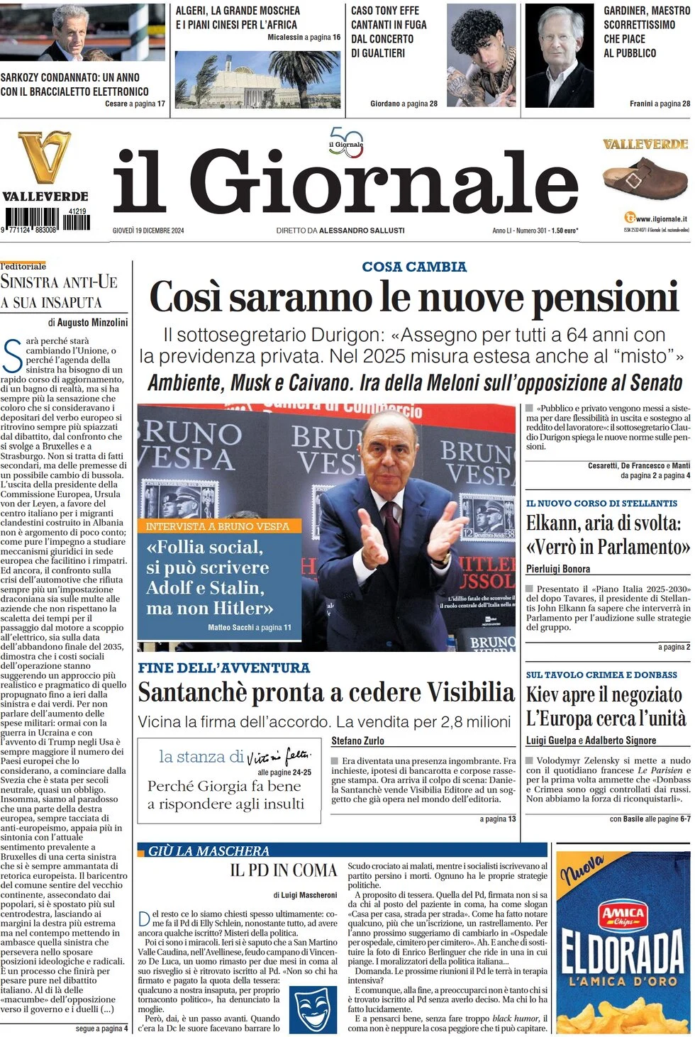 anteprima della prima pagina di il-giornale del 19/12/2024