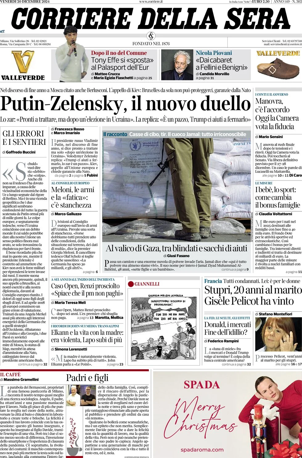 anteprima della prima pagina di corriere-della-sera del 20/12/2024