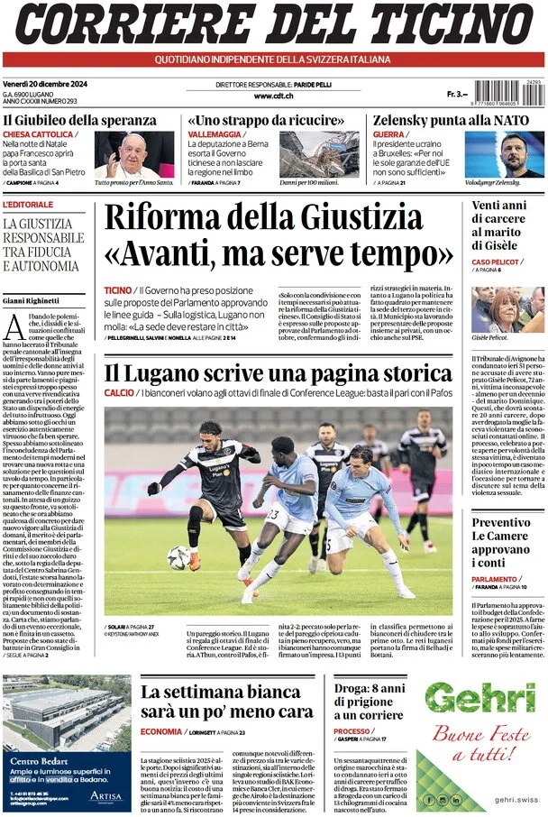 anteprima della prima pagina di corriere-del-ticino del 20/12/2024