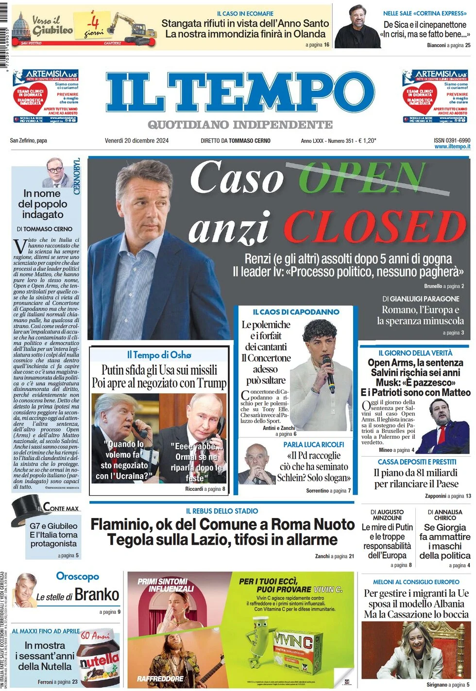 anteprima della prima pagina di il-tempo del 20/12/2024