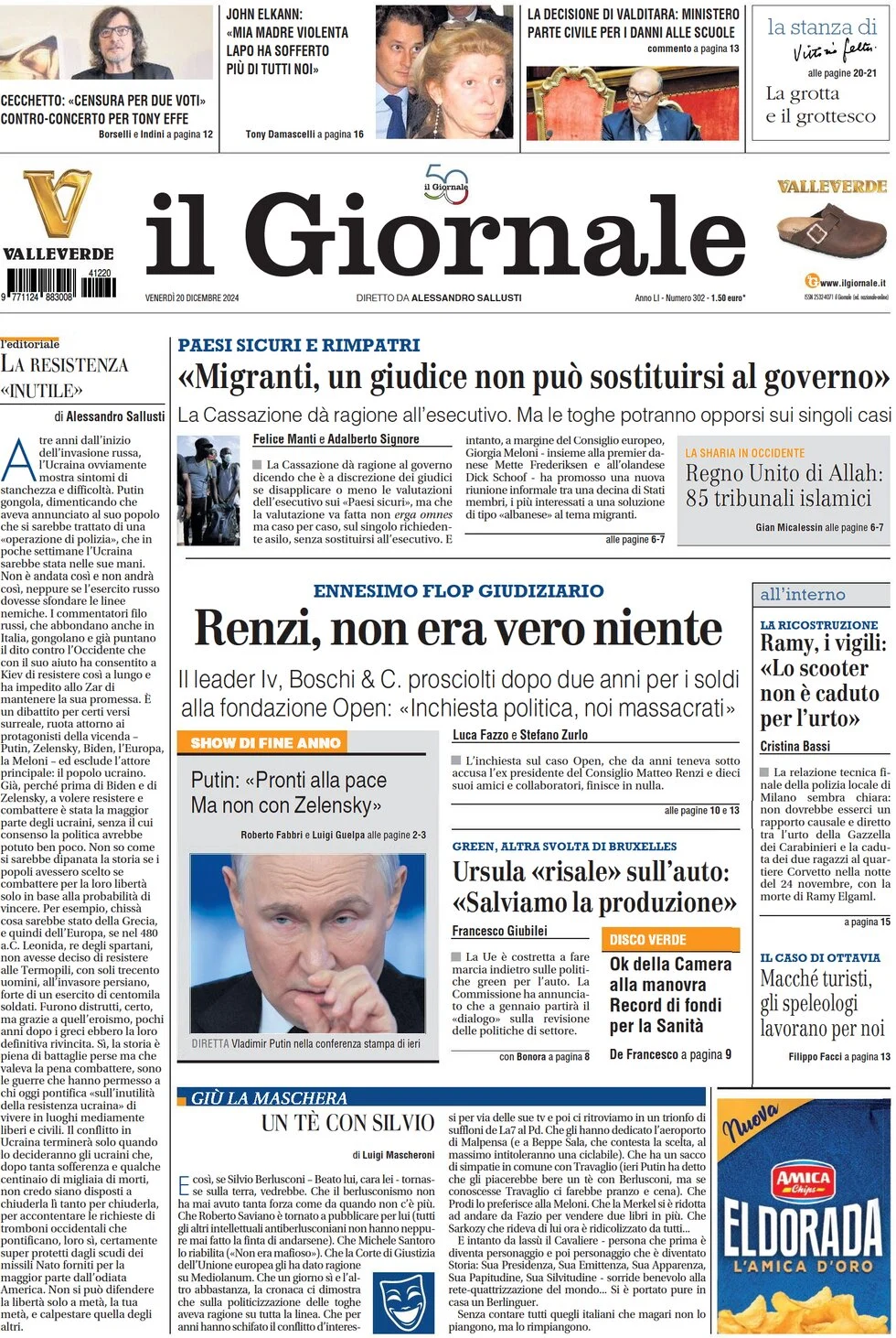 anteprima della prima pagina di il-giornale del 20/12/2024