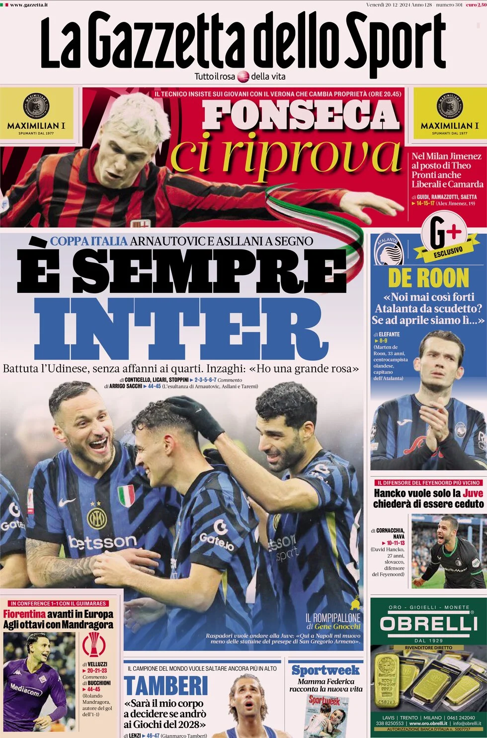 anteprima della prima pagina di la-gazzetta-dello-sport del 20/12/2024