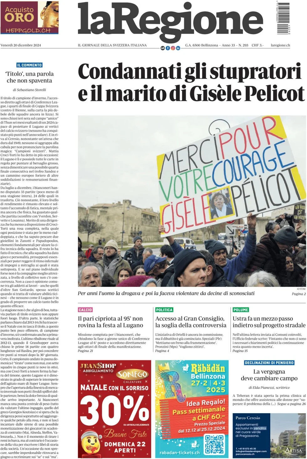 anteprima della prima pagina di la-regione del 20/12/2024
