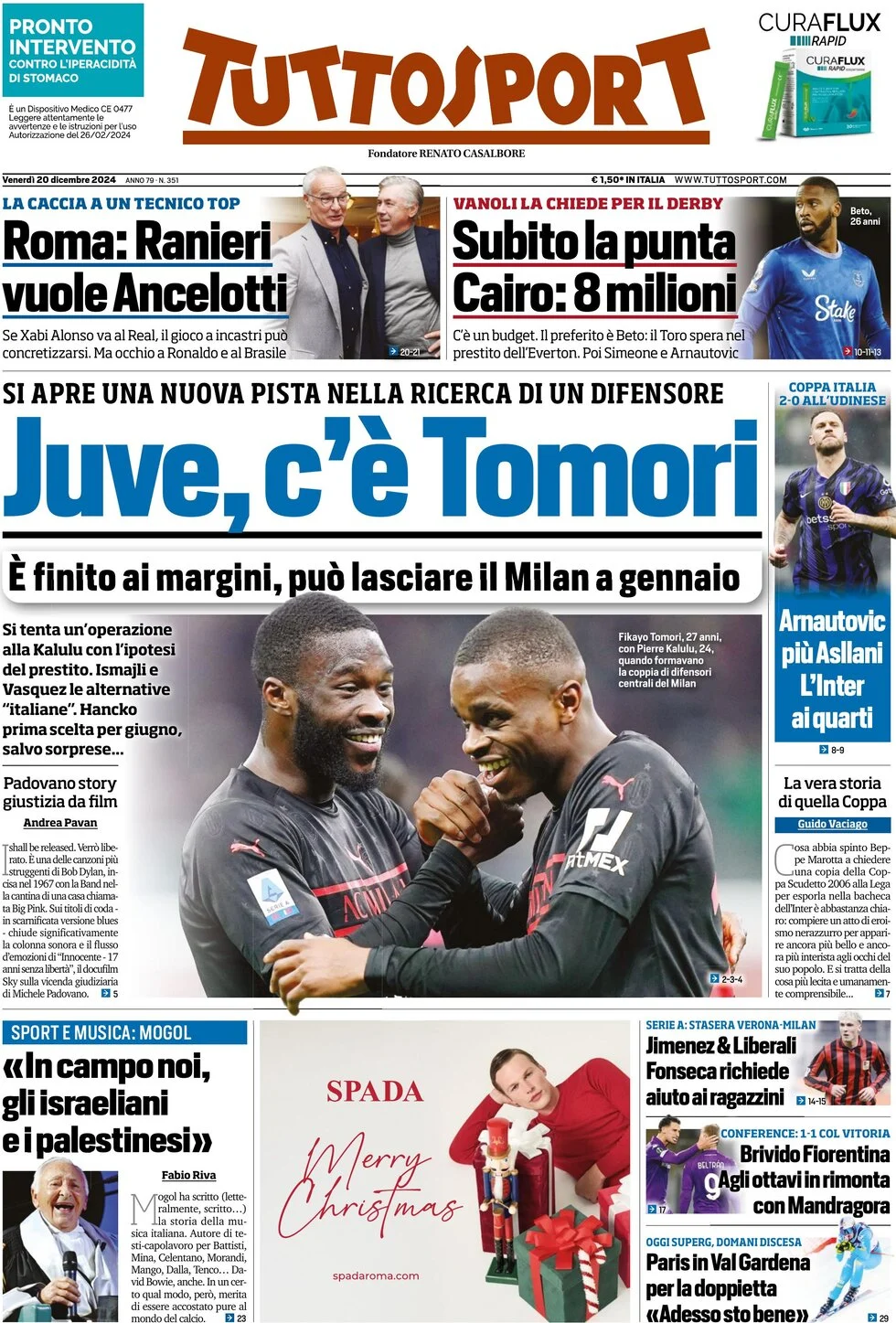 anteprima della prima pagina di tuttosport del 20/12/2024