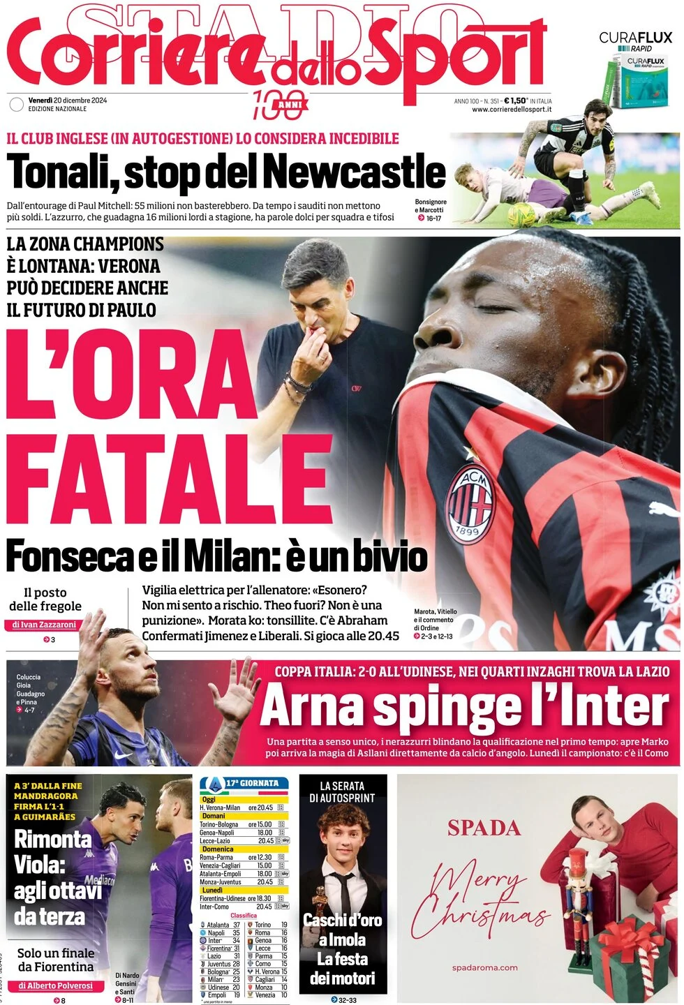 anteprima della prima pagina di corriere-dello-sport del 20/12/2024