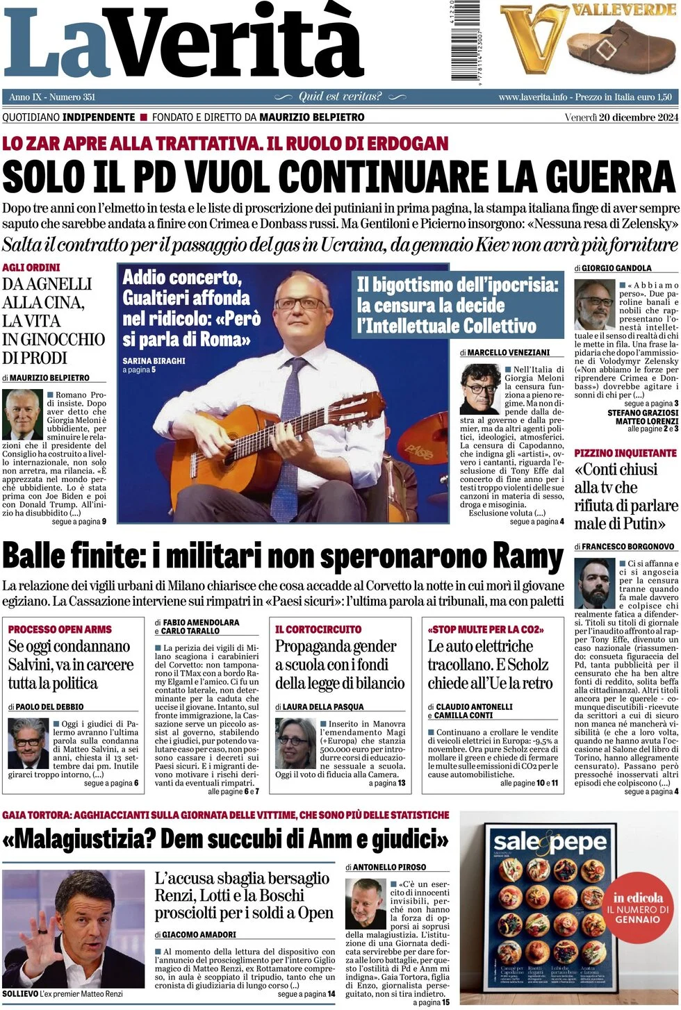 anteprima della prima pagina di la-verit del 20/12/2024