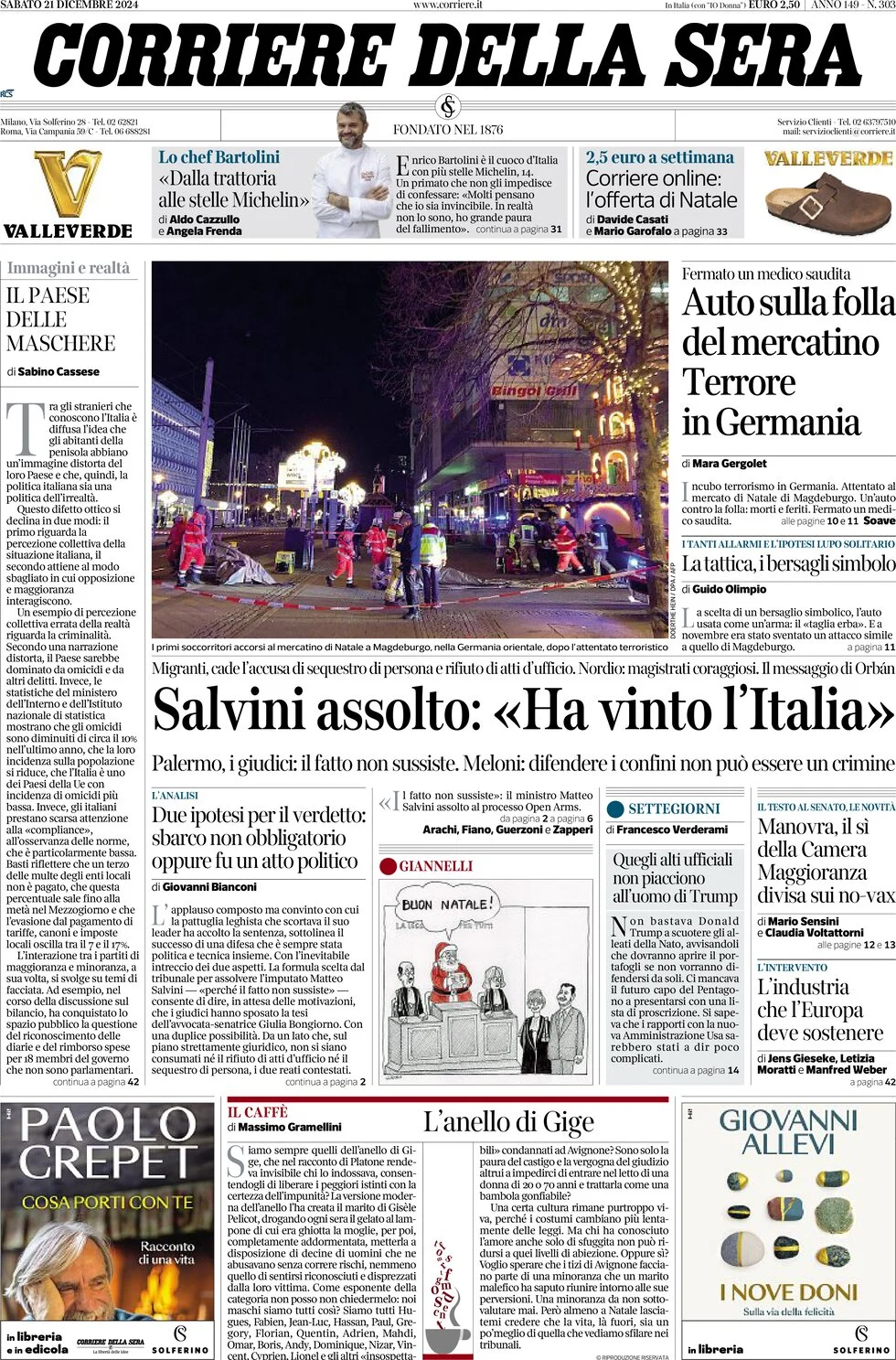 anteprima della prima pagina di corriere-della-sera del 21/12/2024