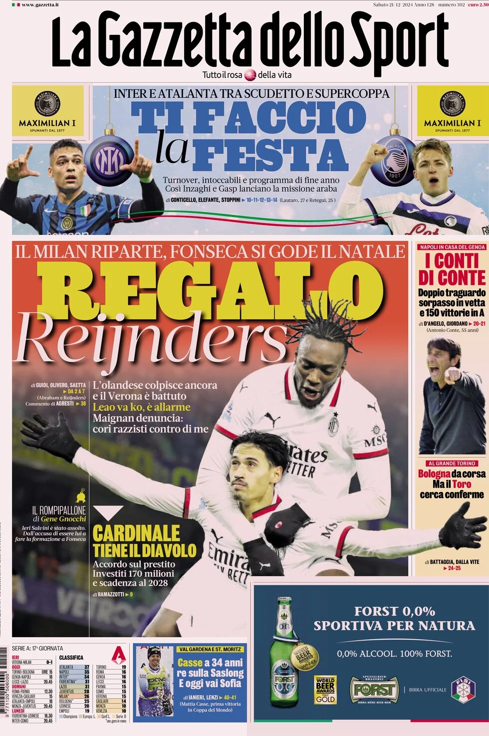 anteprima della prima pagina di la-gazzetta-dello-sport del 21/12/2024
