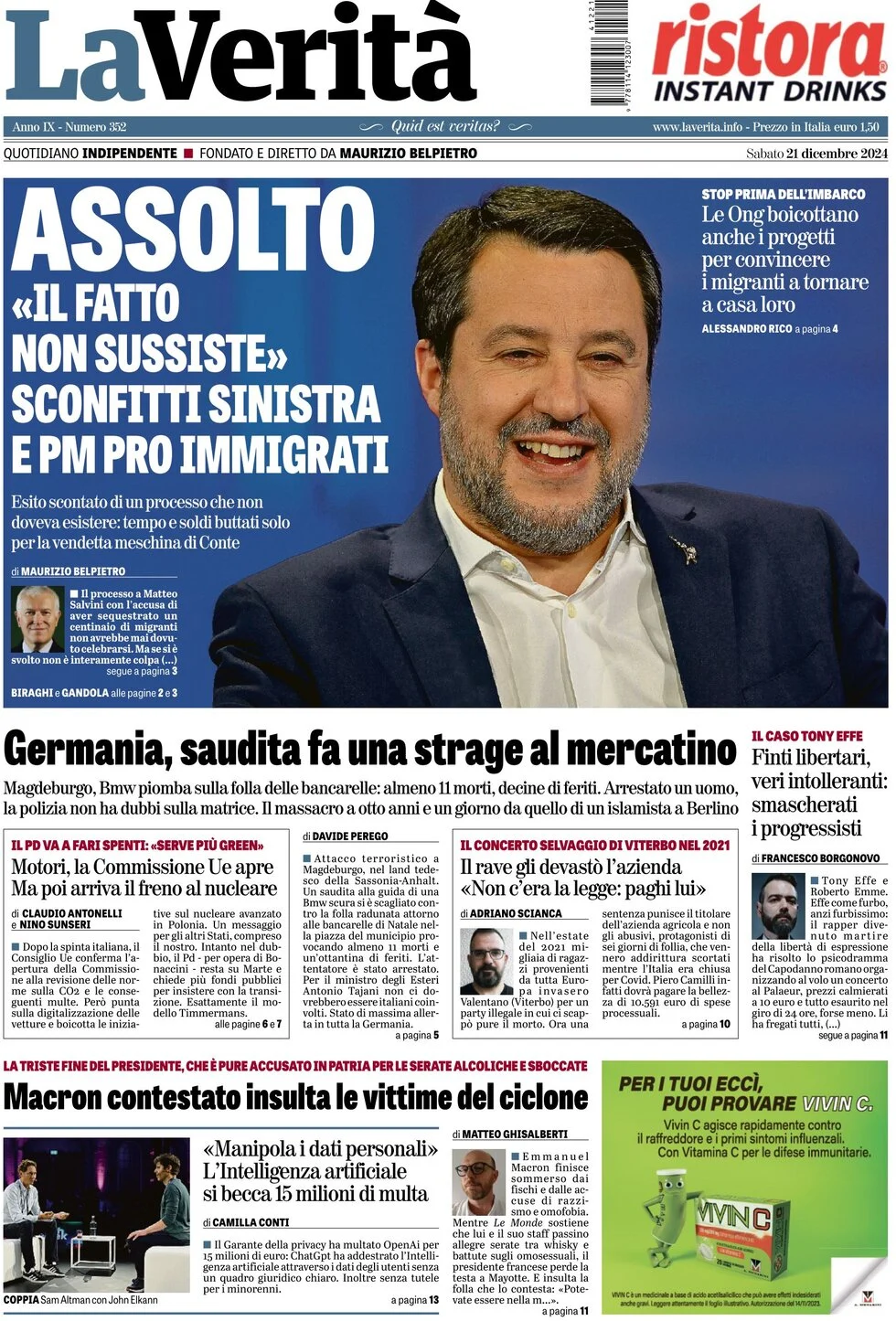 anteprima della prima pagina di la-verit del 21/12/2024
