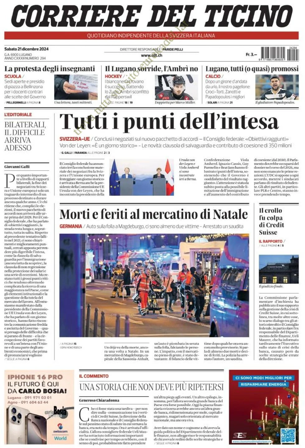 anteprima della prima pagina di corriere-del-ticino del 21/12/2024