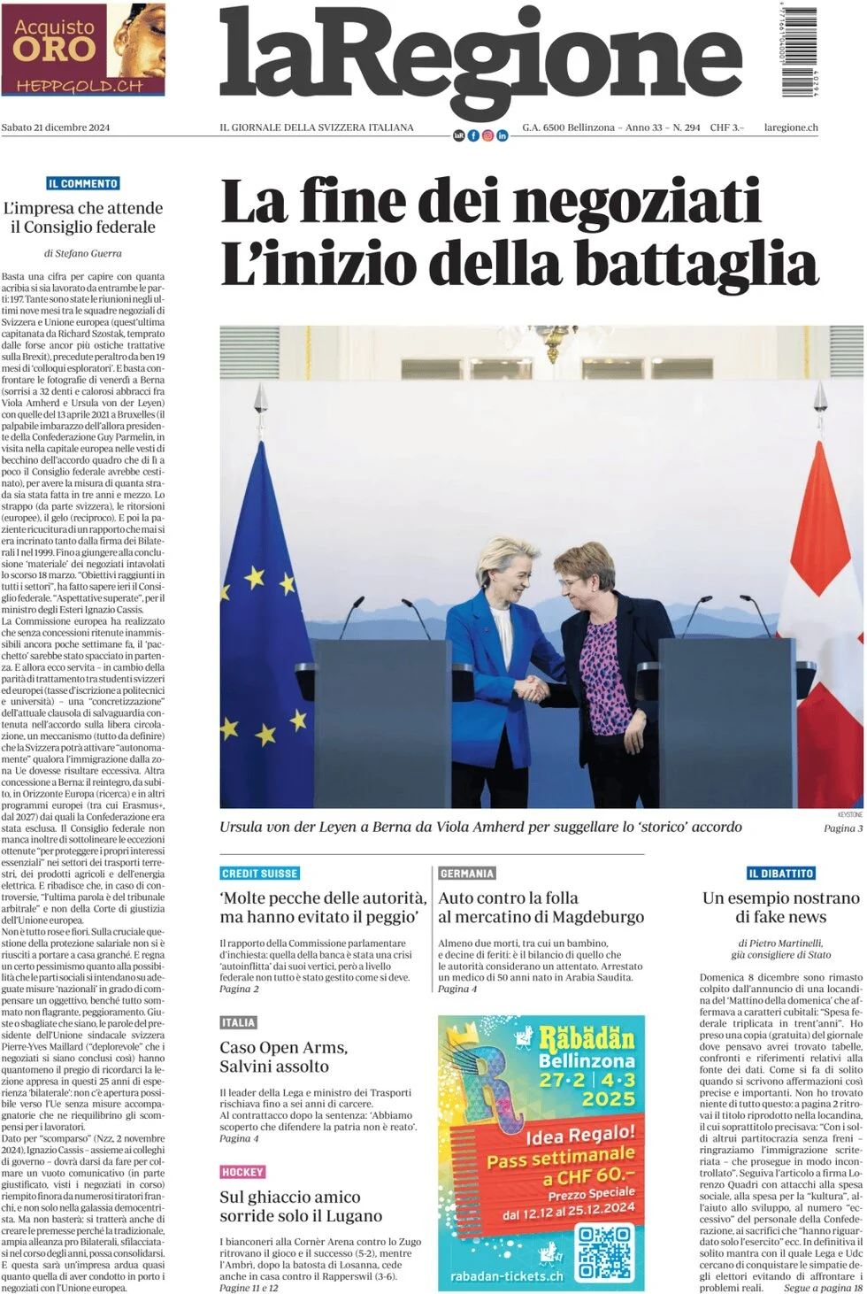 anteprima della prima pagina di la-regione del 21/12/2024