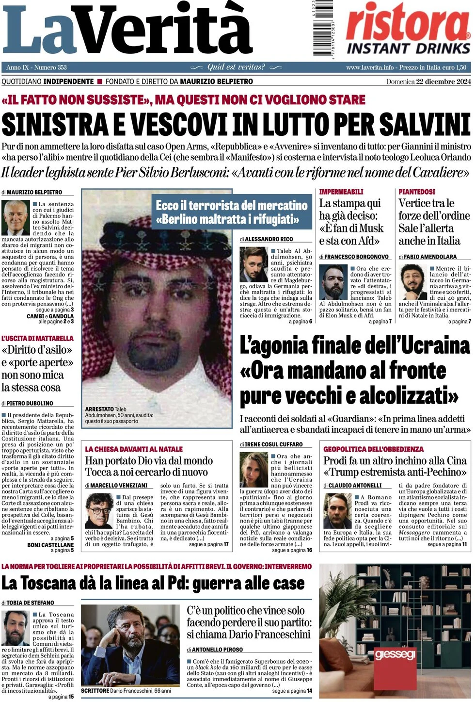 anteprima della prima pagina di la-verit del 22/12/2024