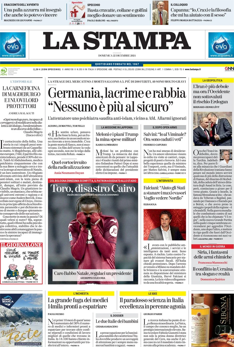 anteprima della prima pagina di la-stampa del 22/12/2024