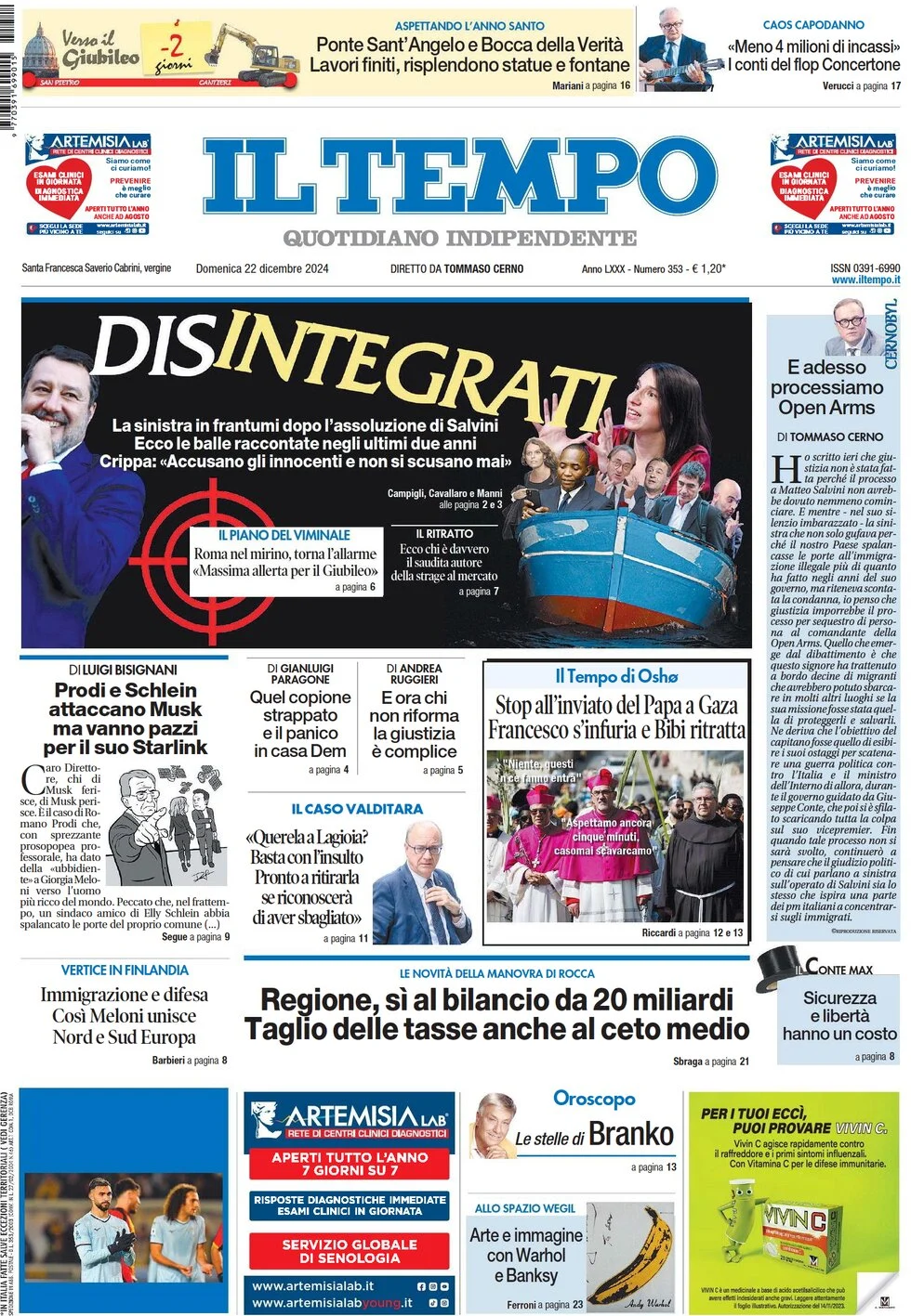 anteprima della prima pagina di il-tempo del 22/12/2024