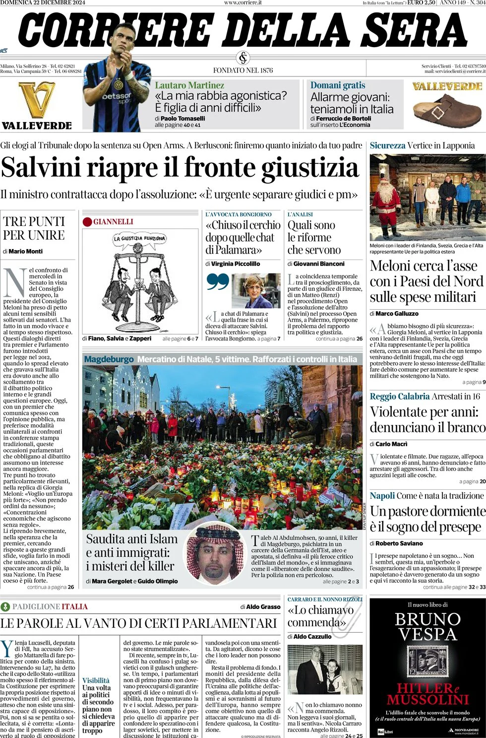 anteprima della prima pagina di corriere-della-sera del 22/12/2024