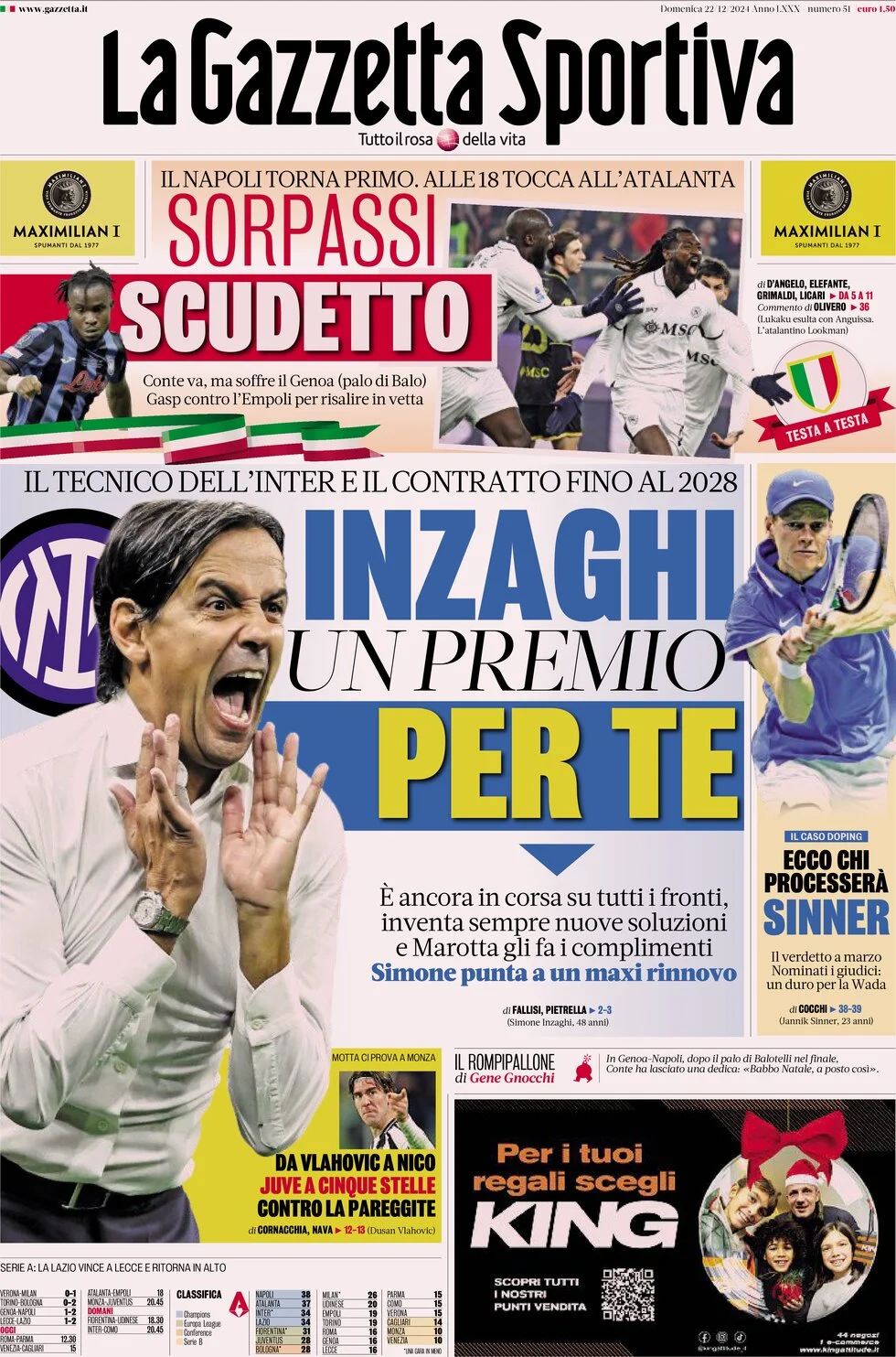 anteprima della prima pagina di la-gazzetta-dello-sport del 22/12/2024