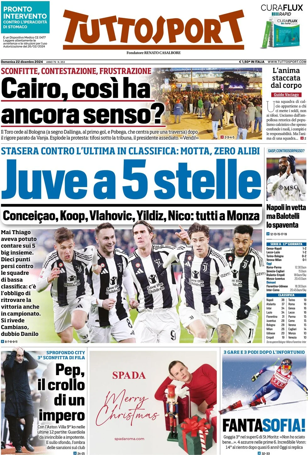 anteprima della prima pagina di tuttosport del 22/12/2024