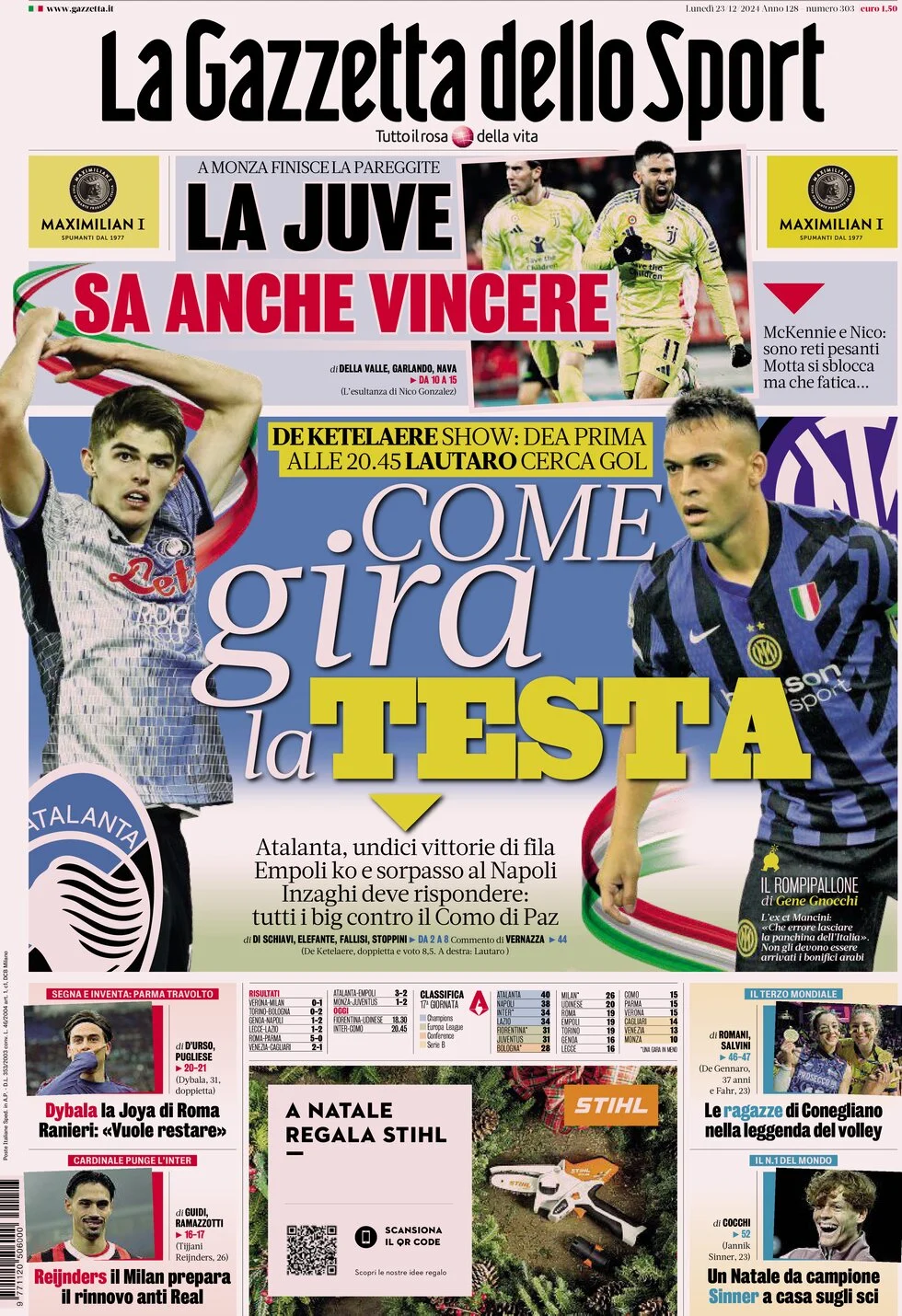 anteprima della prima pagina di la-gazzetta-dello-sport del 23/12/2024