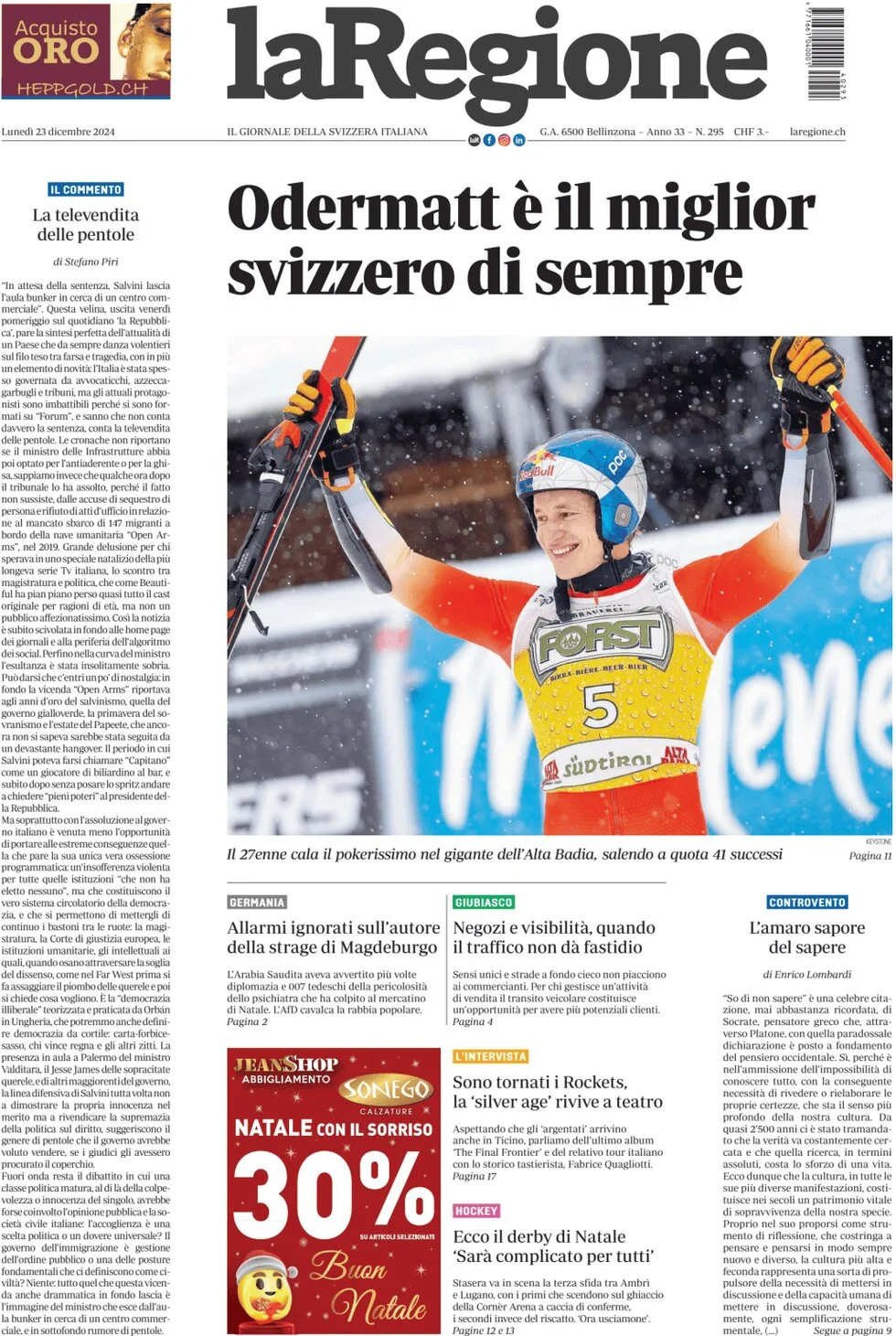 anteprima della prima pagina di la-regione del 23/12/2024