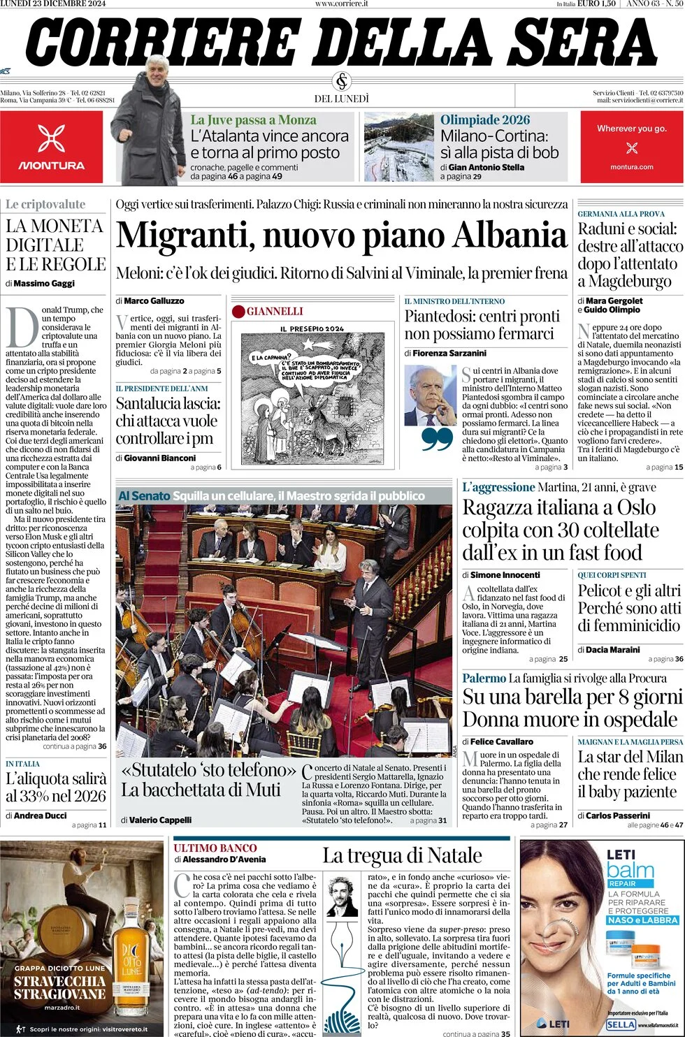 anteprima della prima pagina di corriere-della-sera del 23/12/2024