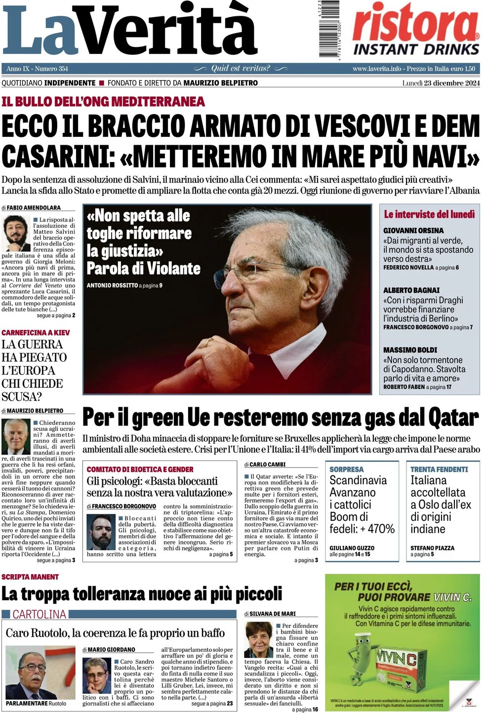 anteprima della prima pagina di la-verit del 23/12/2024